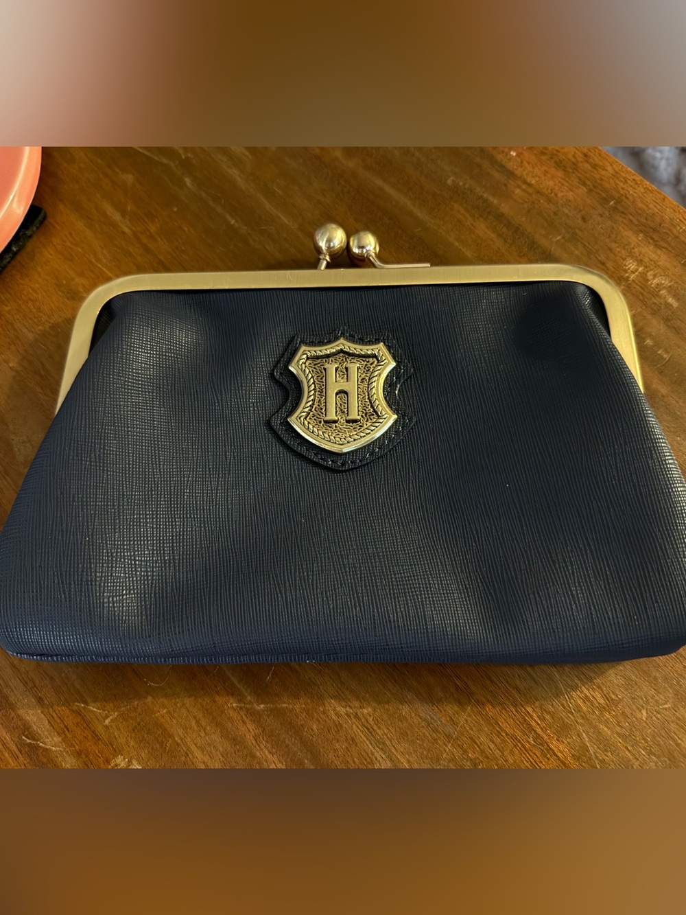 Classic Navy Kiss-Lock Clutch with Gold Crest